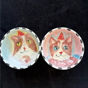 2 Hand painted Ceramic Bowls Cats In Hats“ 5.5”x3”Original Design Pottery Setof2